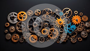 Various old cogs and gears of different colours and sizes in a cloud like formation on a black background