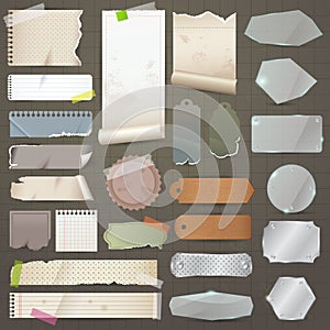 Various old remnant pieces of material such paper, glass, metal,