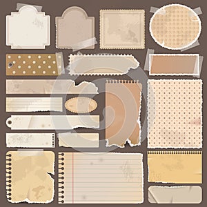 Various old remnant pieces of paper, scrapbook, an