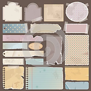 Various old remnant pieces of paper, scrapbook, an