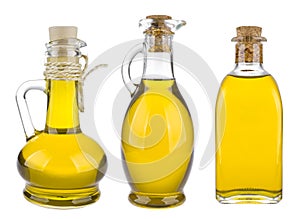 Various olive oil bottles isolated on white background