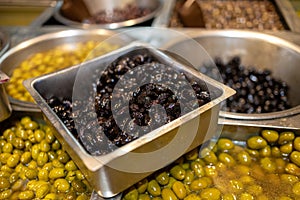 Various olives at a farmers` market in Haif