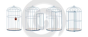 Various open and closed cages, with lock and key. Lined cage for animal or birds. Restriction of freedom and rights