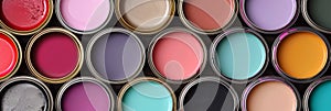 Various open paint cans on vibrant and colorful background for artistic diy projects