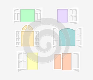 Various open windows vector set, paper cut art wide open window