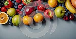 Various organic fruits and berries. Healthy eating concept. Website banner. Top view