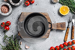 Various organic spices, herbs and ingredients around empty aged cooking skillet. Gray background. Top view. Copy space