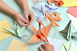 various origami papers and a halffinished paper crane with small hands at work
