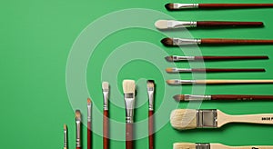 Various paintbrushes are arranged on a green background. The brushes vary in size
