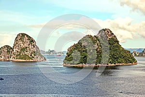 Various panoramic views of the port, roadstead, and coastline of the Halong bay, Port of Campha, Vietnam. October, 2020.