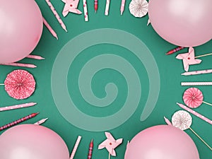 Various party confetti and balloons on colorful background with border