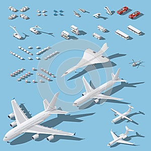 Various passenger airplanes and maintenance equipment for airport isometric icons set