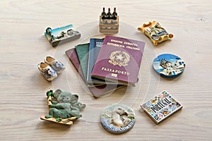 Various passports and souvenir magnets