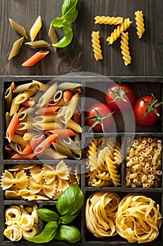 Various pasta in black wooden box