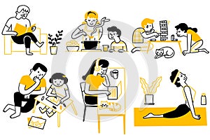 Various people activities at home cute doodle illustration