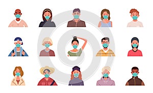 Various people avatars in medical masks for protection against viruses, bacteria, and flu. Vector user portraits