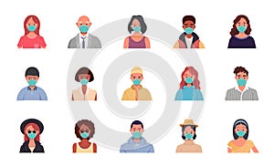 Various people avatars in medical masks for protection against viruses, bacteria, and flu. Vector user portraits in flat cartoon