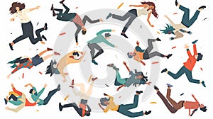 Various people fall, fly down. Modern flat illustration of people tumbling after slipping or stumbling. Men and women