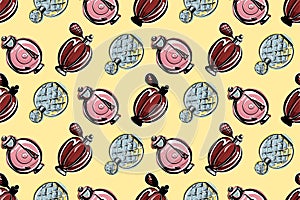 Various perfume bottles on a light yellow background. Stylish seamless pattern for fabric and packaging. An illustration
