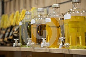 Various perfume bottles, for sale in a bazaar.
