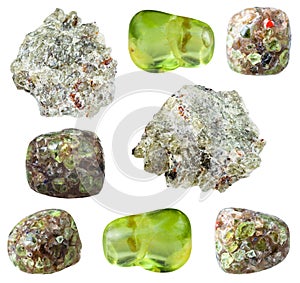 Various Peridot Olivine gem stones isolated