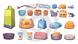 Various petshop goods isolated on a white background. Some of the items are cat and dog bowls, soft beds, leashes photo