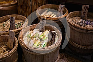 Various pickled vegetables at Nishiki market, Kyoto, Japan