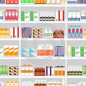 Various Pills and Drugs on Shelves