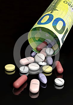 Various pills and euro bill - medicines and costs