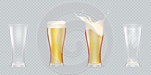 Various pints of beer. Realistic isolated glass of refreshing beers, drink splash for ad, pint biere, transparent mug