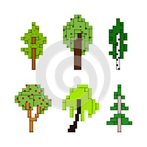 Various pixel art trees isolated on white