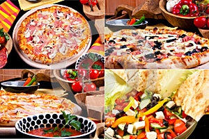 Various pizza and summer salad