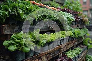 Various plants neatly arranged on a shelf in an urban gardening setting