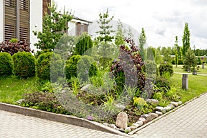 Various plants and stones in front of modern house, front yard. Landscape design. Beautiful garden. Modern urban living