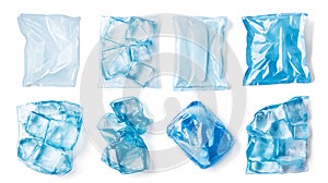 Various plastic bags filled with water and blue ice cubes on a white background