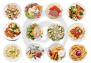 Various plates of food isolated on white background, top view