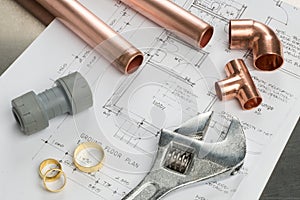 Various Plumbers Tools and Plumbing Materials on Architectural H