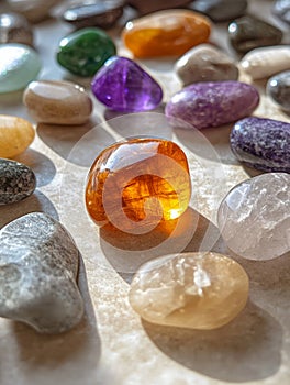 Various polished gemstones in sunlight