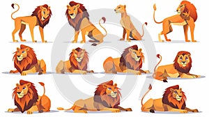 Various poses of the lion king, mammal, wild jungle cat standing, sitting, lying, hunting, stretching body, zoo park