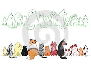 Various posing dogs and cats in a row