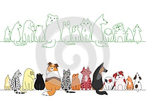 Various posing dogs and cats in a row photo