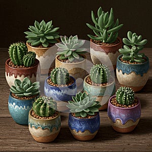 Various potted plants, including succulents and cacti, are displayed on a wooden