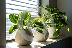 Various potted plants on the sunny windowsill. Generative AI