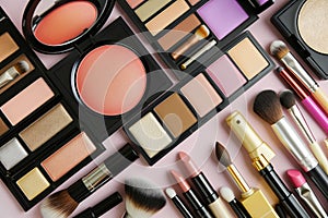 Various products for makeup. Professional makeup tools. Makeup products