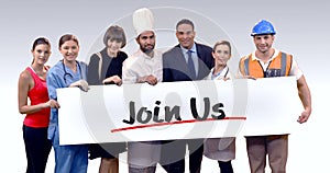 Various professional holding placard of join us text