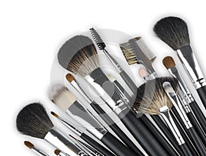 Various professional makeup cosmetic brushes isolated on white background