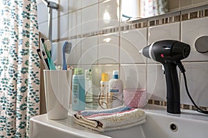 Various props in the bathroom background