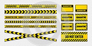 Various quarantine zone warning tapes and shields. Novel coronavirus outbreak. Global lockdown. Coronavirus danger