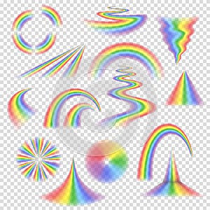 Various rainbow bands, curves, turns, circles and other shapes and objects with perspective depth