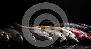 Various raw fish in a row, black background. Seafood assortment, menu. AI generated.